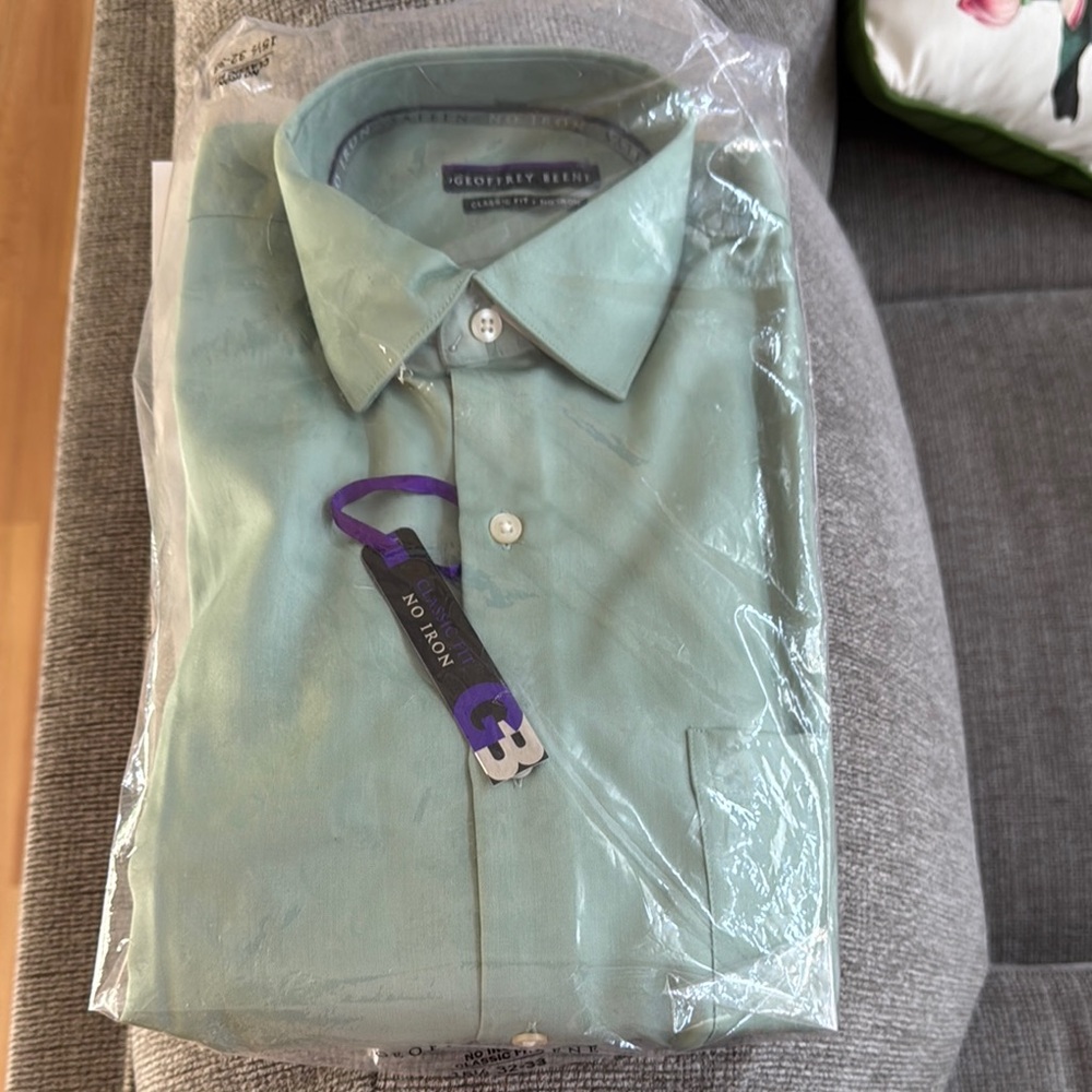 New Geoffrey Beene Dress Shirt Mens 15 1/2 Sateen Cotton No Iron Sprout Green